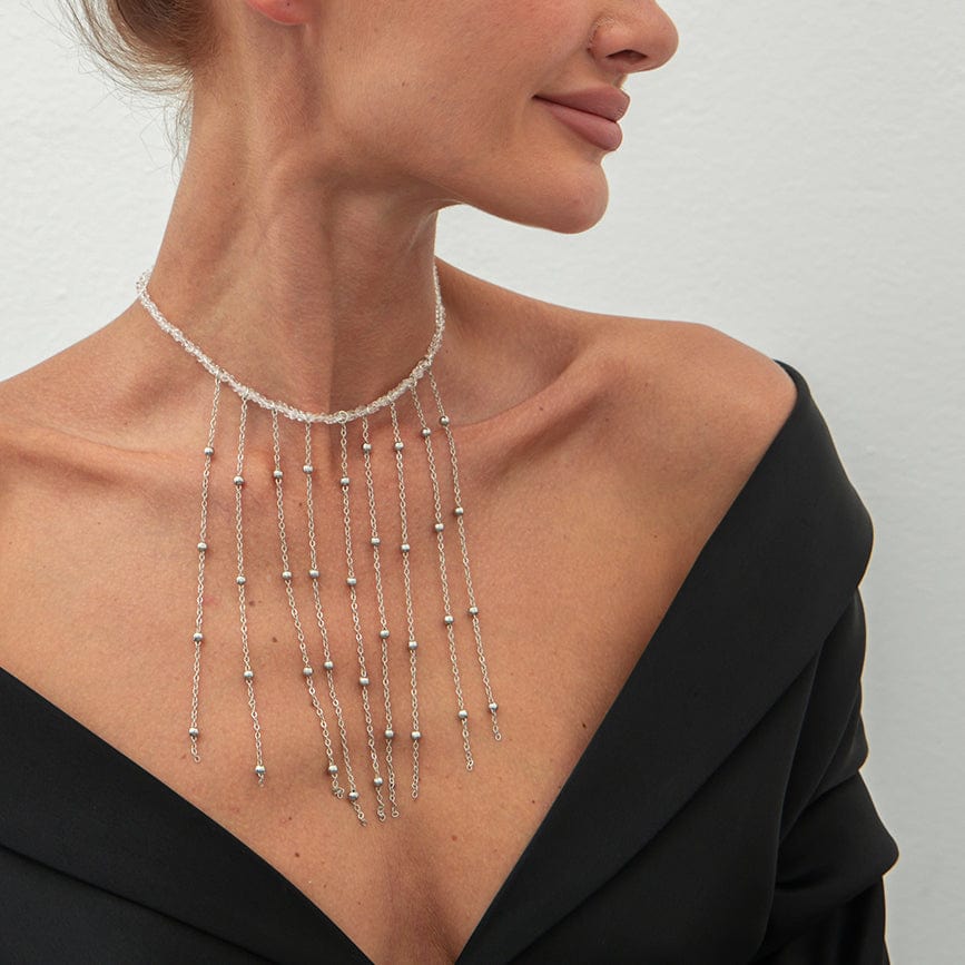Trendy Saturn Chain Tassel Crystal Beaded Necklace - ArtGalleryZen