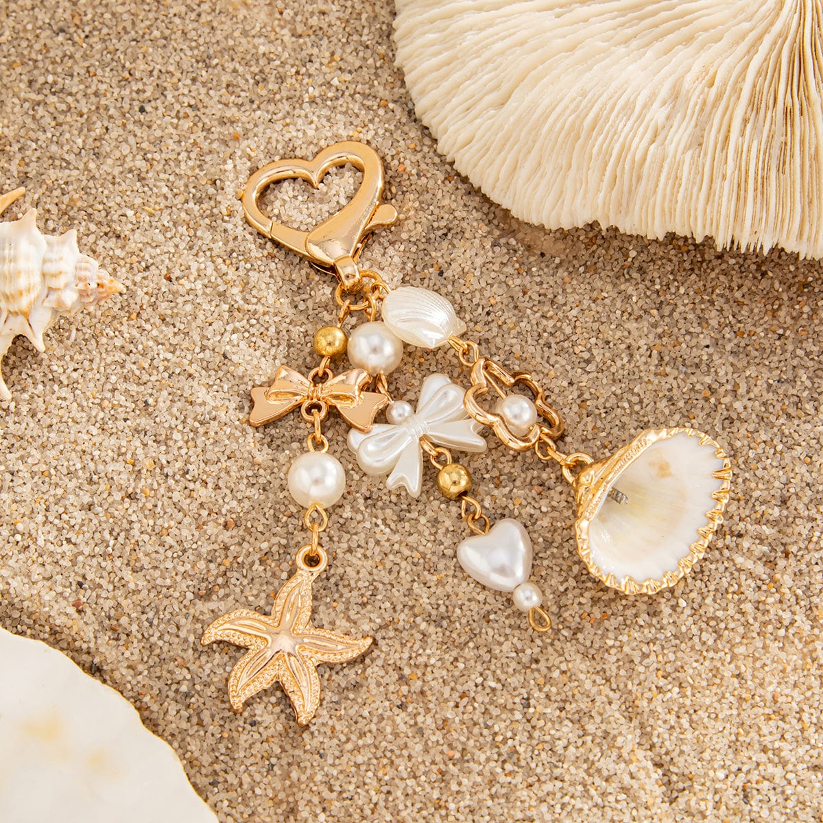Trendy Shell Starfish Pearl Bowknot Pendant Heart Keychain - ArtGalleryZen