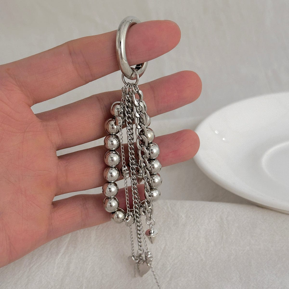 Trendy Silver Tone Heart Star Pendant Ball Chain Keychain - ArtGalleryZen