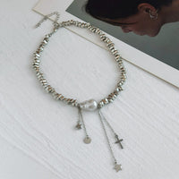 Thumbnail for Trendy Silver Tone Star Cross Tassel Pearl Charm Necklace - ArtGalleryZen