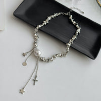 Thumbnail for Trendy Silver Tone Star Cross Tassel Pearl Charm Necklace - ArtGalleryZen