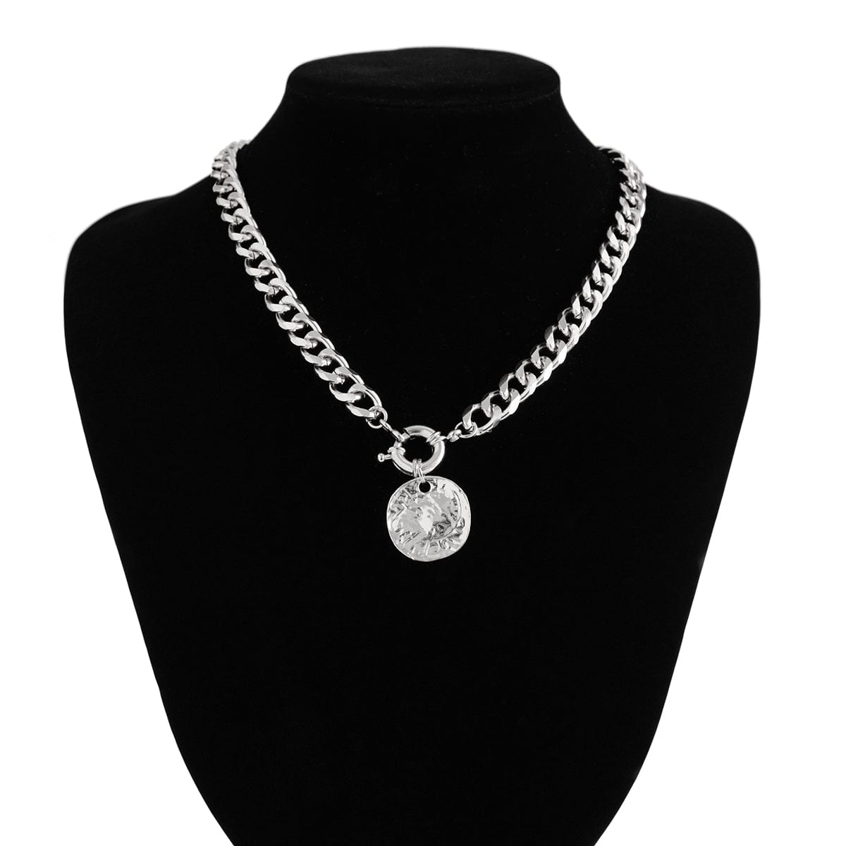 Trendy Textured Round Disk Pendant Chunky Curb Chain Necklace - ArtGalleryZen