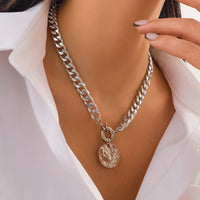 Thumbnail for Trendy Textured Round Disk Pendant Chunky Curb Chain Necklace - ArtGalleryZen