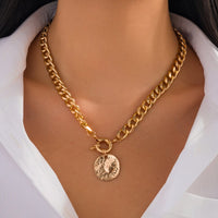 Thumbnail for Trendy Textured Round Disk Pendant Chunky Curb Chain Necklace - ArtGalleryZen