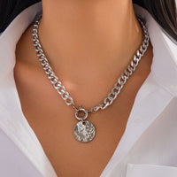 Thumbnail for Trendy Textured Round Disk Pendant Chunky Curb Chain Necklace - ArtGalleryZen