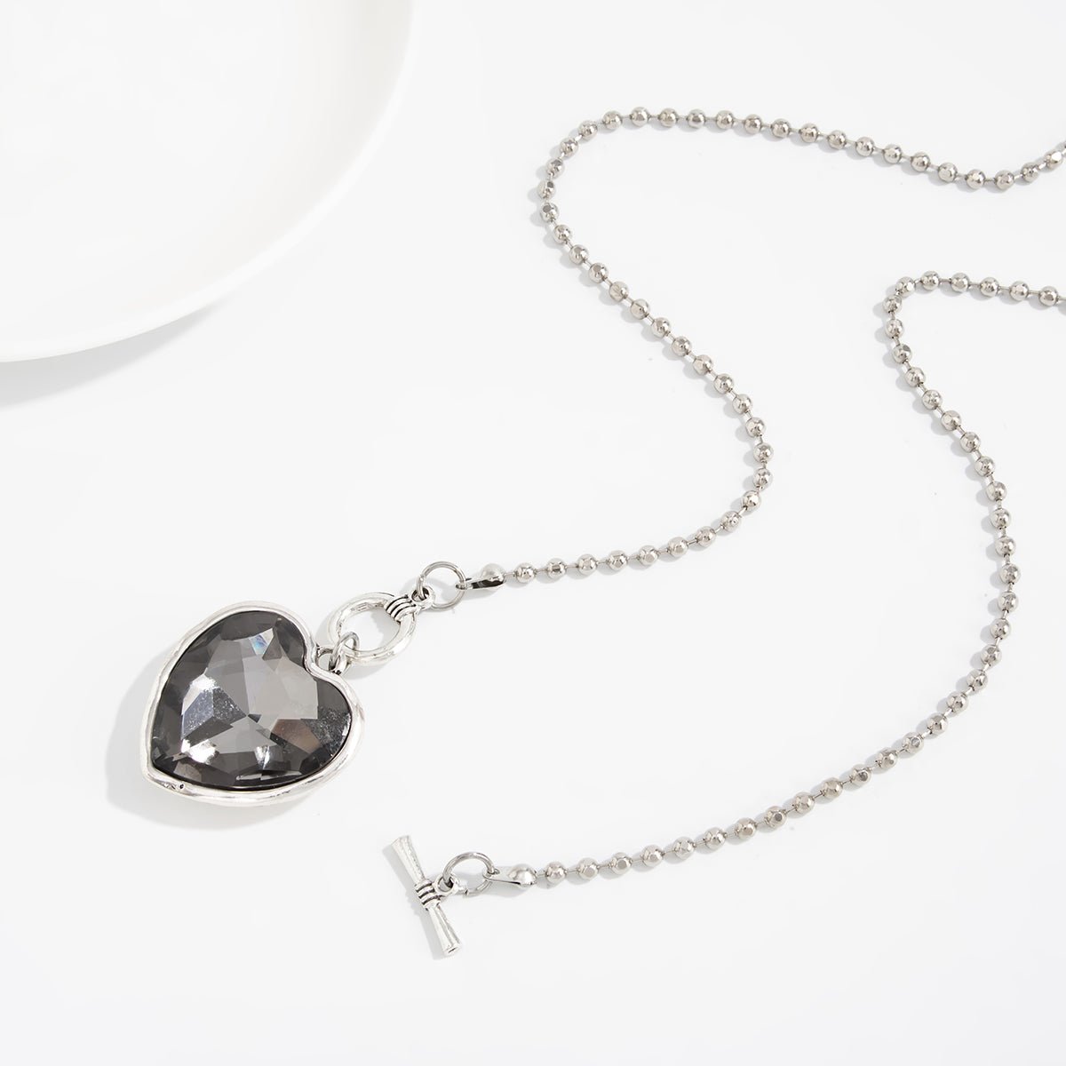 Trendy Toggle Clasp Rhinestone Heart Pendant Long Chain Necklace - ArtGalleryZen