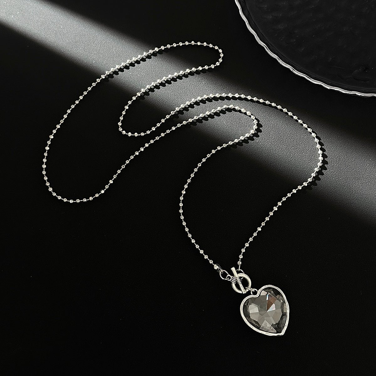 Trendy Toggle Clasp Rhinestone Heart Pendant Long Chain Necklace - ArtGalleryZen