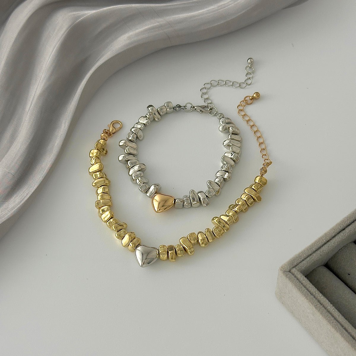 Two Tone Heart Charm Irregular Beaded Bracelet Set Gold Silver - ArtGalleryZen