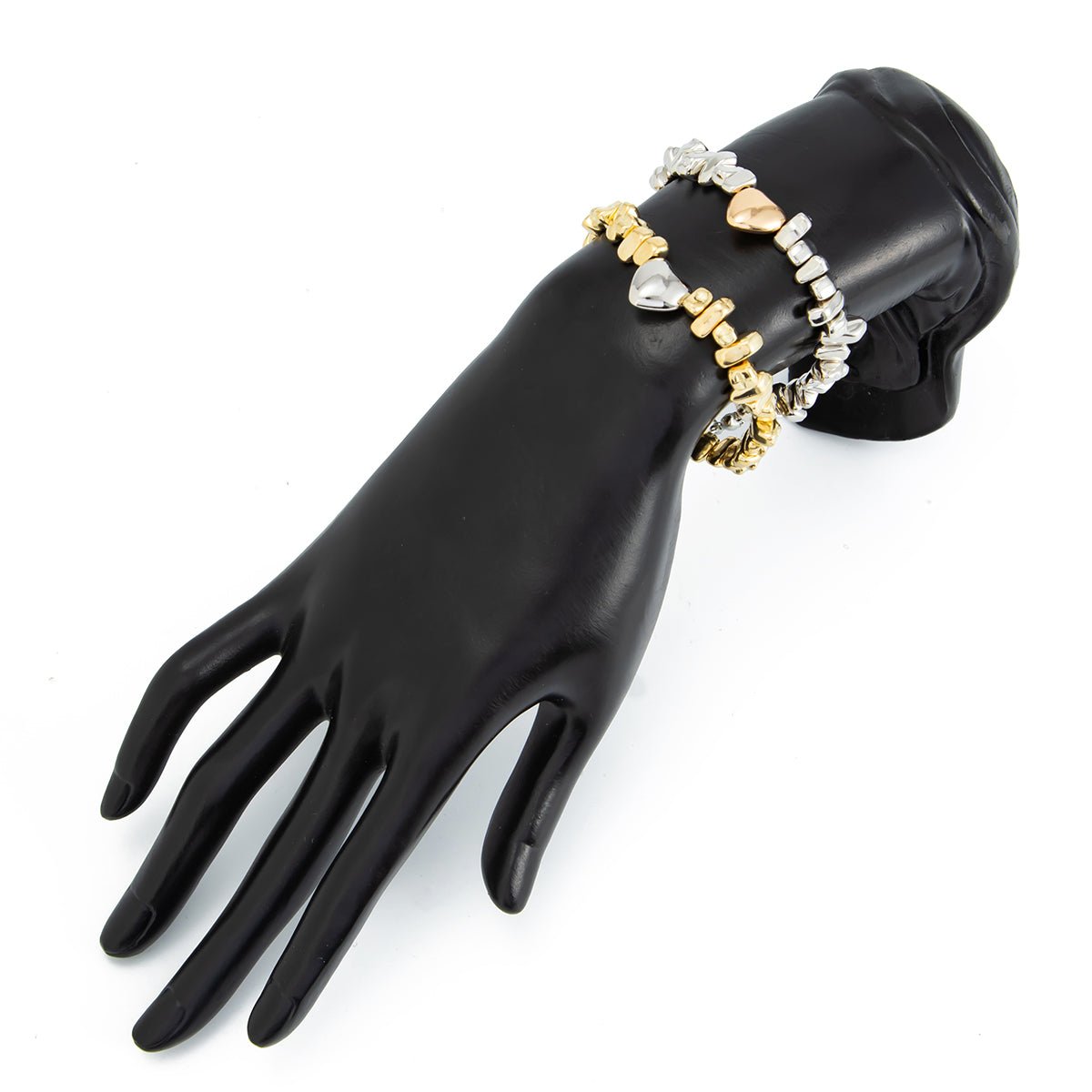 Two Tone Heart Charm Irregular Beaded Bracelet Set Gold Silver - ArtGalleryZen