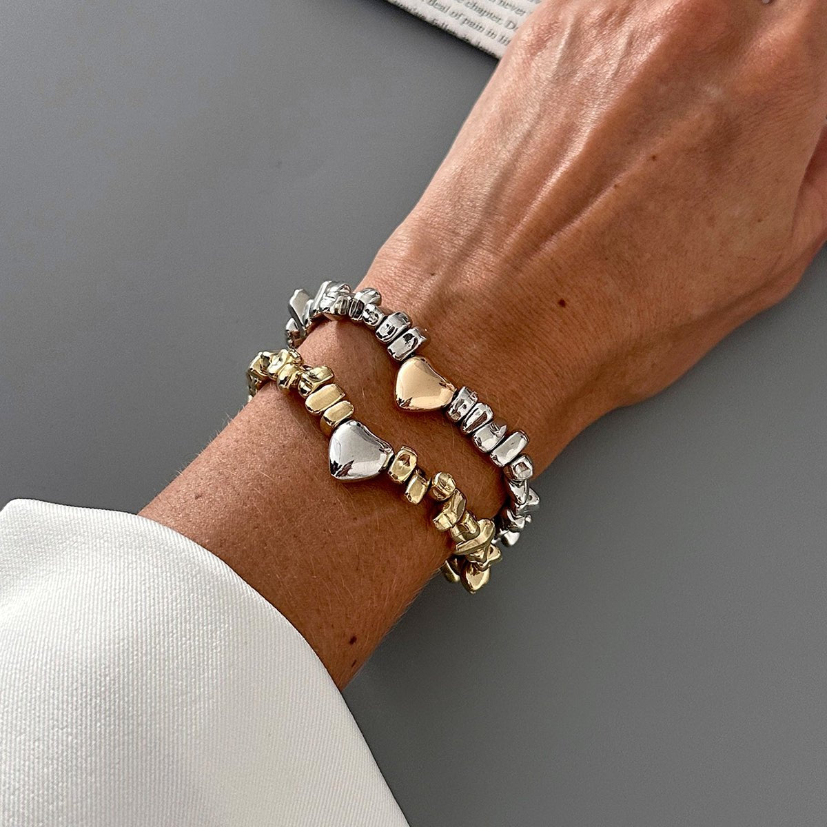 Two Tone Heart Charm Irregular Beaded Bracelet Set Gold Silver - ArtGalleryZen