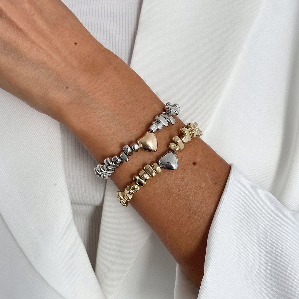 Two Tone Heart Charm Irregular Beaded Bracelet Set Gold Silver - ArtGalleryZen