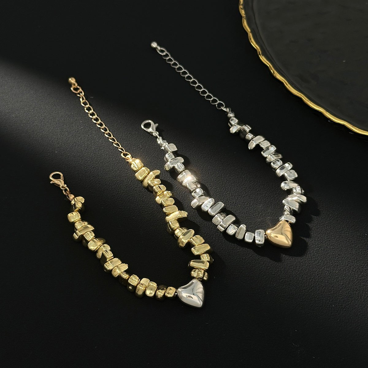 Two Tone Heart Charm Irregular Beaded Bracelet Set Gold Silver - ArtGalleryZen