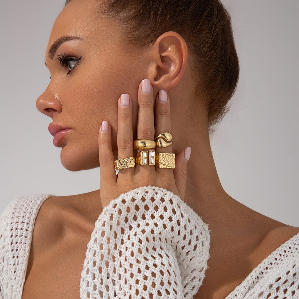 Vintage 5pcs Chunky Rhinestone Inlaid Textured Ring Set - ArtGalleryZen