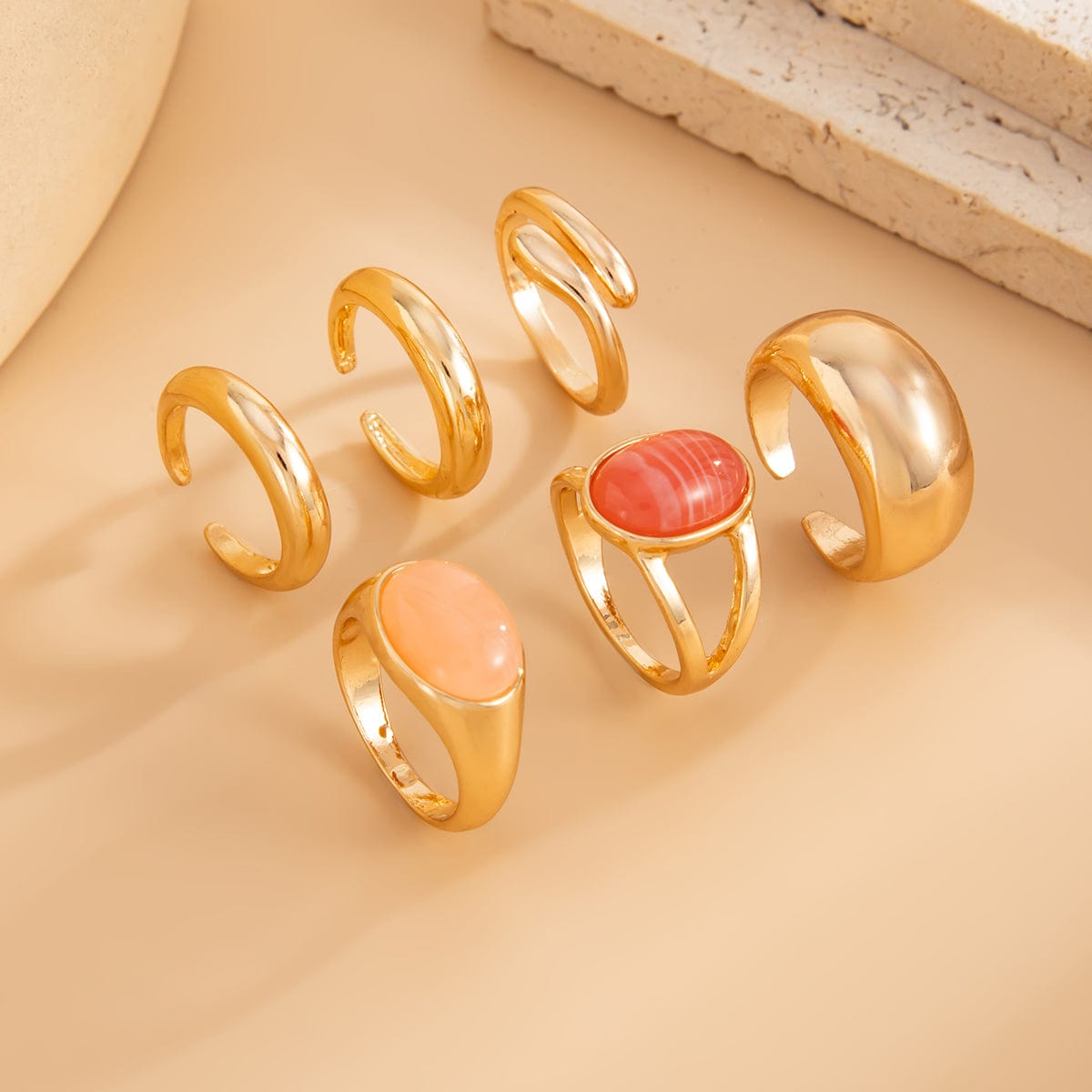Vintage 6pcs Crystal Inlaid Glossy Open Ring Set - ArtGalleryZen