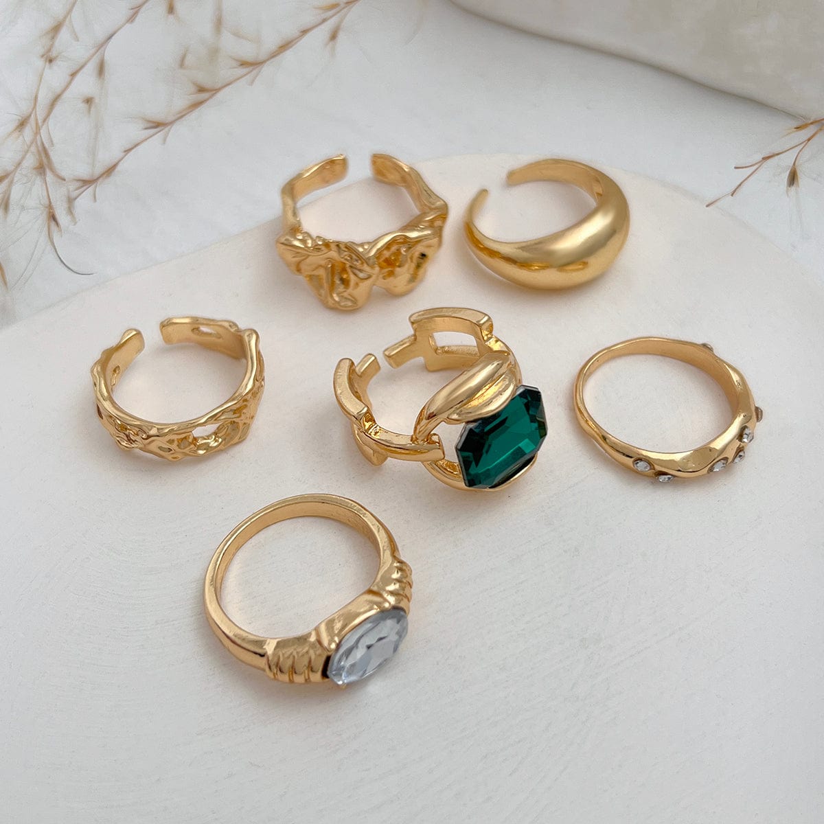 Vintage 6pcs Rhinestone Inlaid Pleated Open Ring Set - ArtGalleryZen