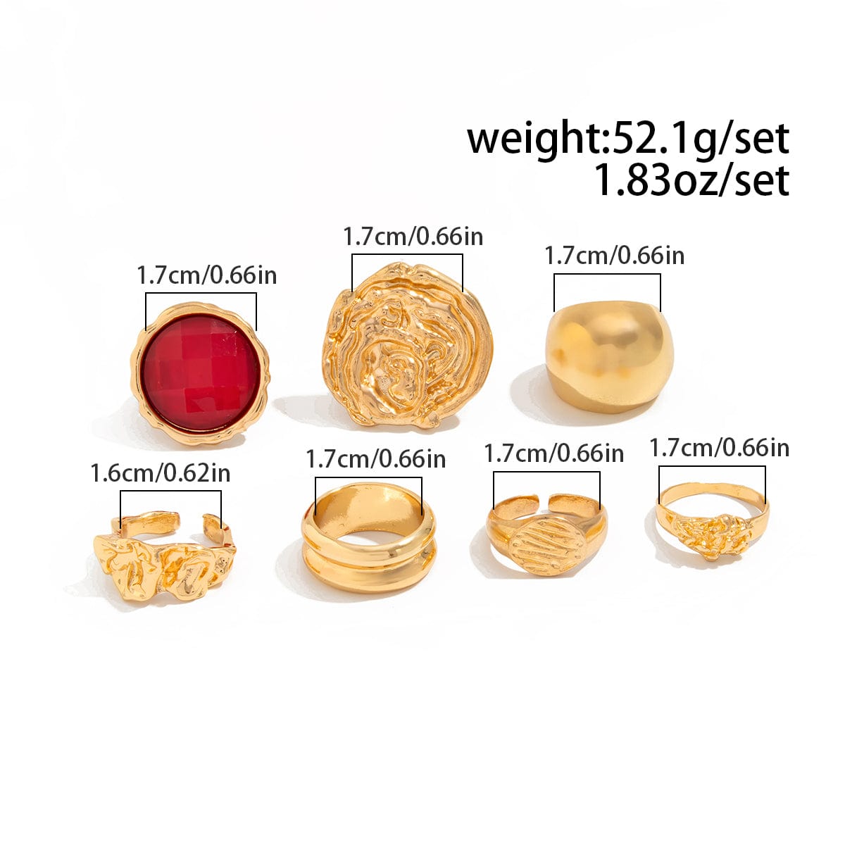 Vintage 7pcs Chunky Crystal Inlaid Pleated Ring Set - ArtGalleryZen