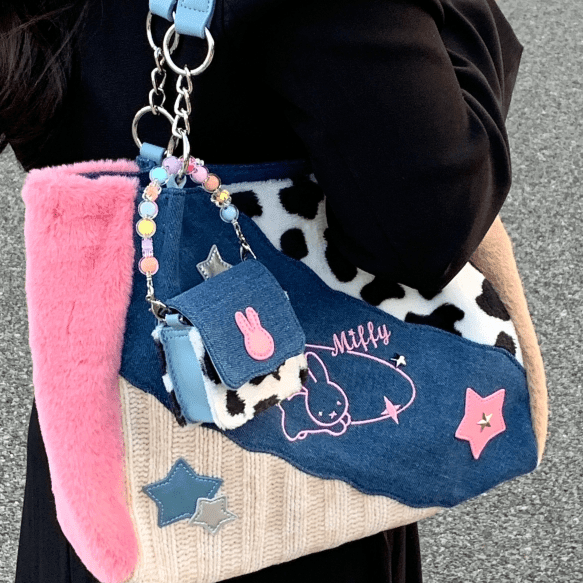 Y2K Miffy Plush Denim Patchwork Shoulder Bag - ArtGalleryZen