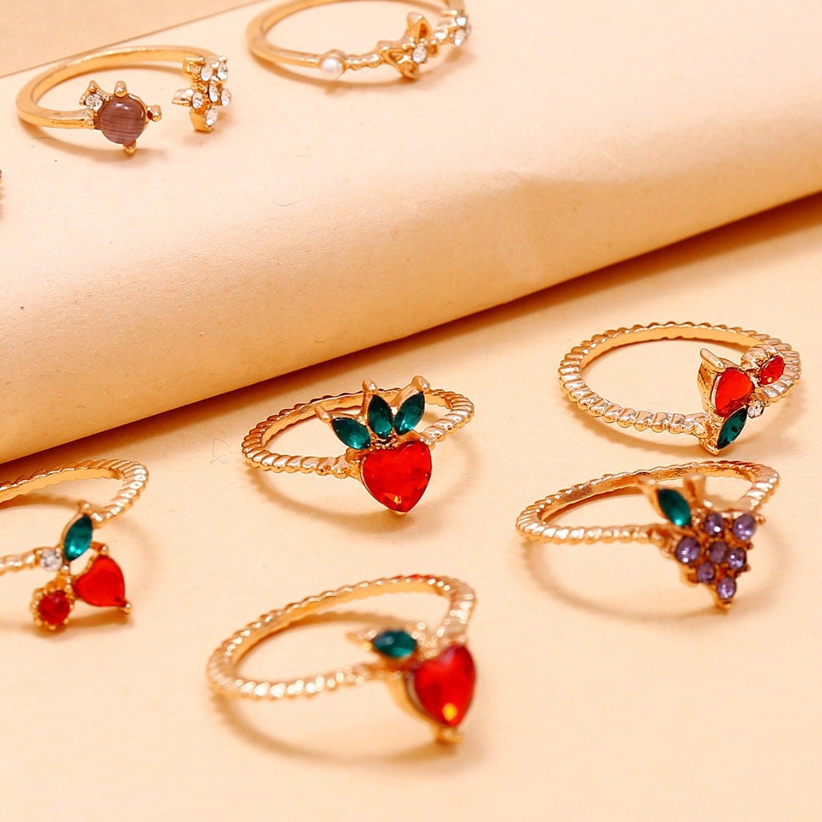 Chic 10 Pieces Colorful Crystal Fruits Rings Set - ArtGalleryZen