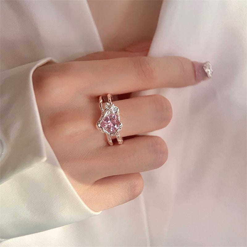 Chic Adjustable Pink Crystal Heart Ring - ArtGalleryZen