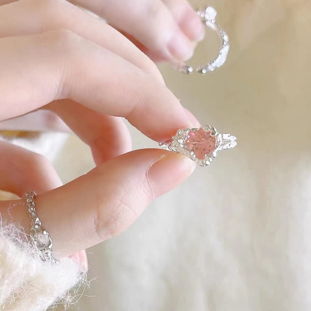 Chic Adjustable Pink Crystal Heart Ring - ArtGalleryZen