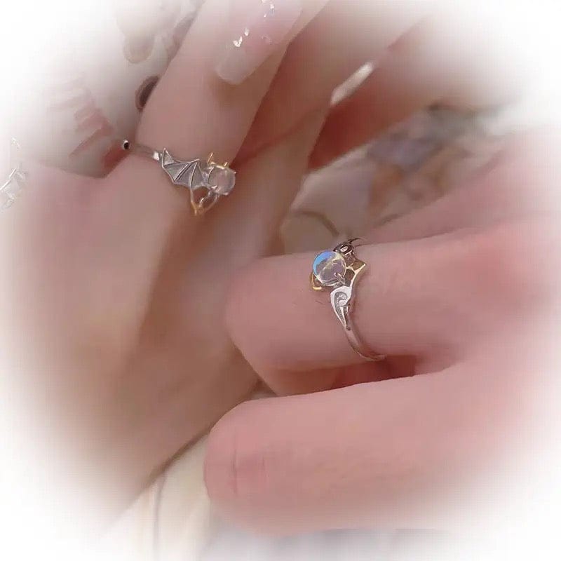 Chic Antique Angel And Devil Matching Opal Ring Set - ArtGalleryZen