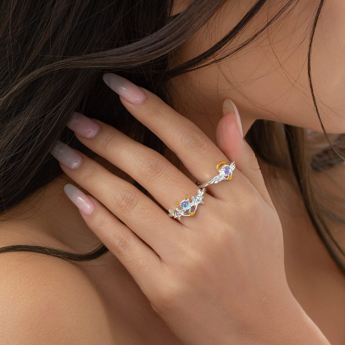 Chic Antique Angel And Devil Matching Opal Ring Set - ArtGalleryZen