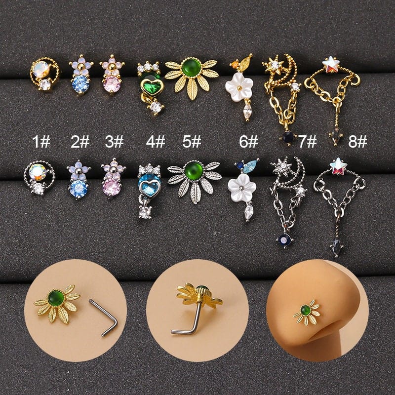 Chic Colorful CZ Inlaid Stainless Steel Floral Moon Star Nose Piercing Nose Stud - ArtGalleryZen