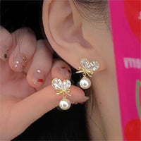 Thumbnail for Chic Crystal Bowknot Heart Dangle Pearl Earrings - ArtGalleryZen