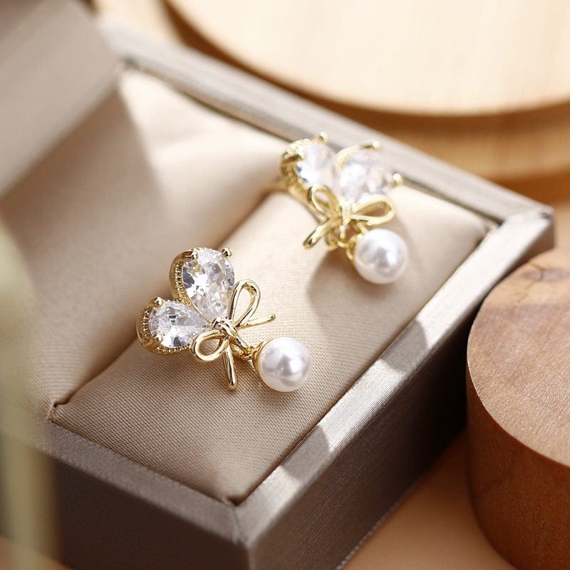 Chic Crystal Bowknot Heart Dangle Pearl Earrings - ArtGalleryZen