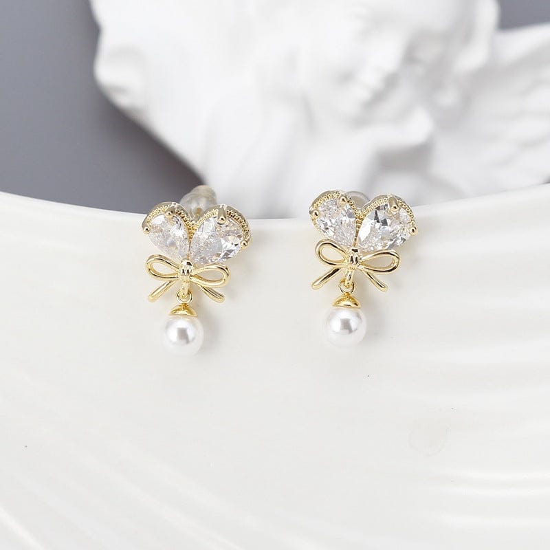 Chic Crystal Bowknot Heart Dangle Pearl Earrings - ArtGalleryZen