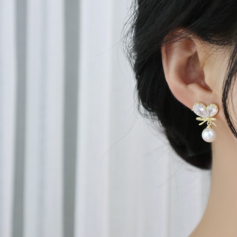 Chic Crystal Bowknot Heart Dangle Pearl Earrings - ArtGalleryZen