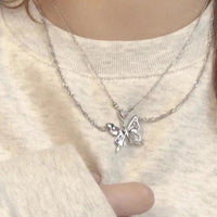 Thumbnail for Chic Crystal Inlaid Layered Antique Silver Butterfly Necklace - ArtGalleryZen