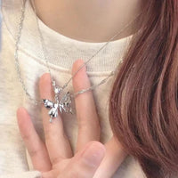 Thumbnail for Chic Crystal Inlaid Layered Antique Silver Butterfly Necklace - ArtGalleryZen