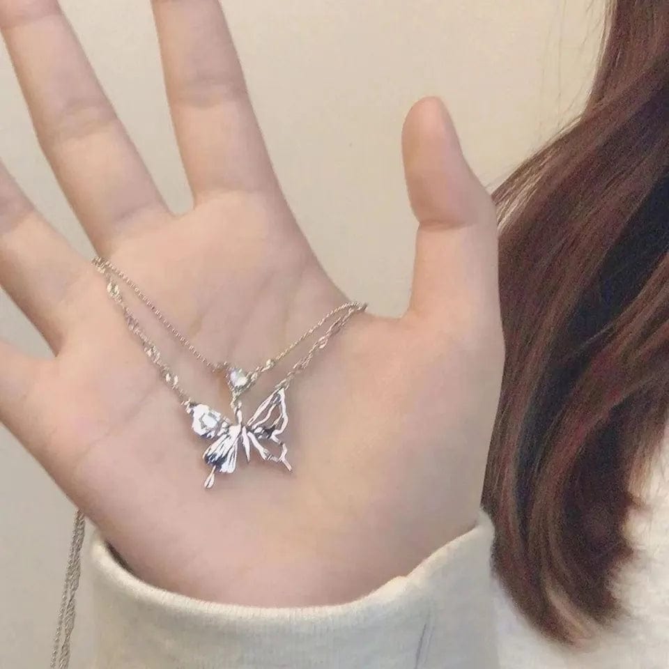 Chic Crystal Inlaid Layered Antique Silver Butterfly Necklace - ArtGalleryZen