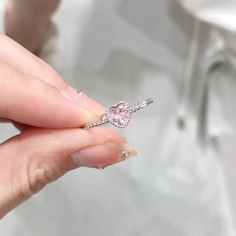 Chic CZ Inlaid Adjustable Pink Crystal Heart Ring - ArtGalleryZen