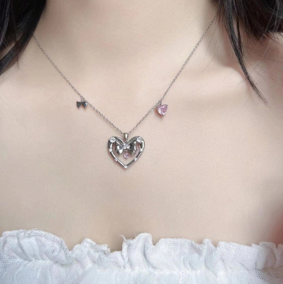 Chic CZ Inlaid Bowknot Heart Pendant Necklace - ArtGalleryZen