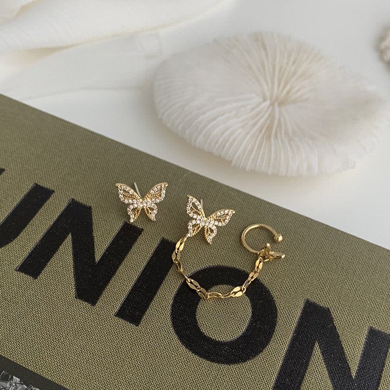 Chic CZ Inlaid Butterfly Ear Cuff Chain Earrings - ArtGalleryZen