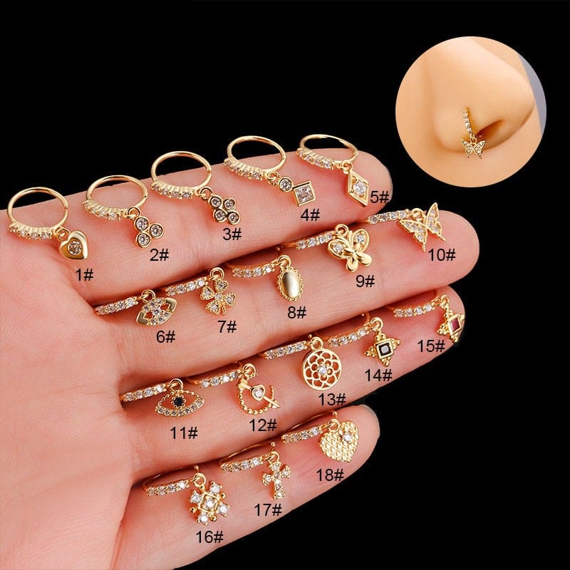 Chic CZ Inlaid Butterfly Evil Eye Heart Dangle Nose Piercing Hoop Nose Ring - ArtGalleryZen