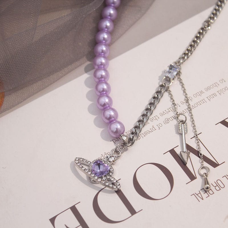 Chic CZ Inlaid Celestial Planet Heart Pendant Pearl Chain Necklace - ArtGalleryZen