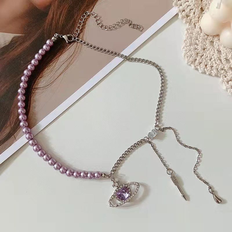 Chic CZ Inlaid Celestial Planet Heart Pendant Pearl Chain Necklace - ArtGalleryZen