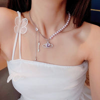 Thumbnail for Chic CZ Inlaid Celestial Planet Heart Pendant Pearl Chain Necklace - ArtGalleryZen