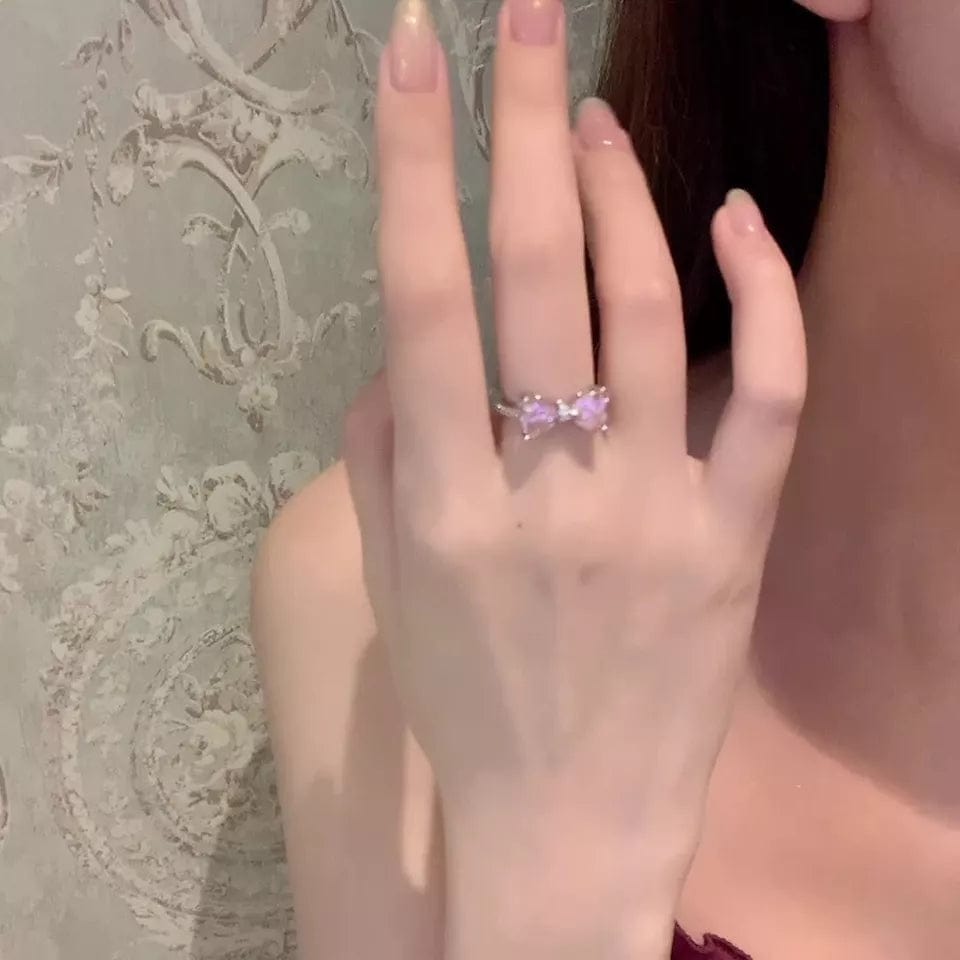 Chic CZ Inlaid Colorful Crystal Heart Bowknot Ring - ArtGalleryZen