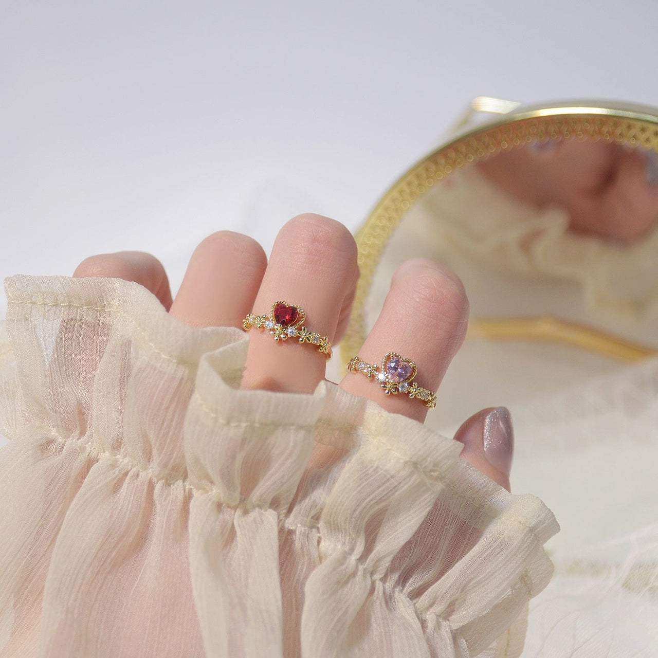 Chic CZ Inlaid Crystal Heart Arrow Of Love Double Ring Floral Ring Set - ArtGalleryZen