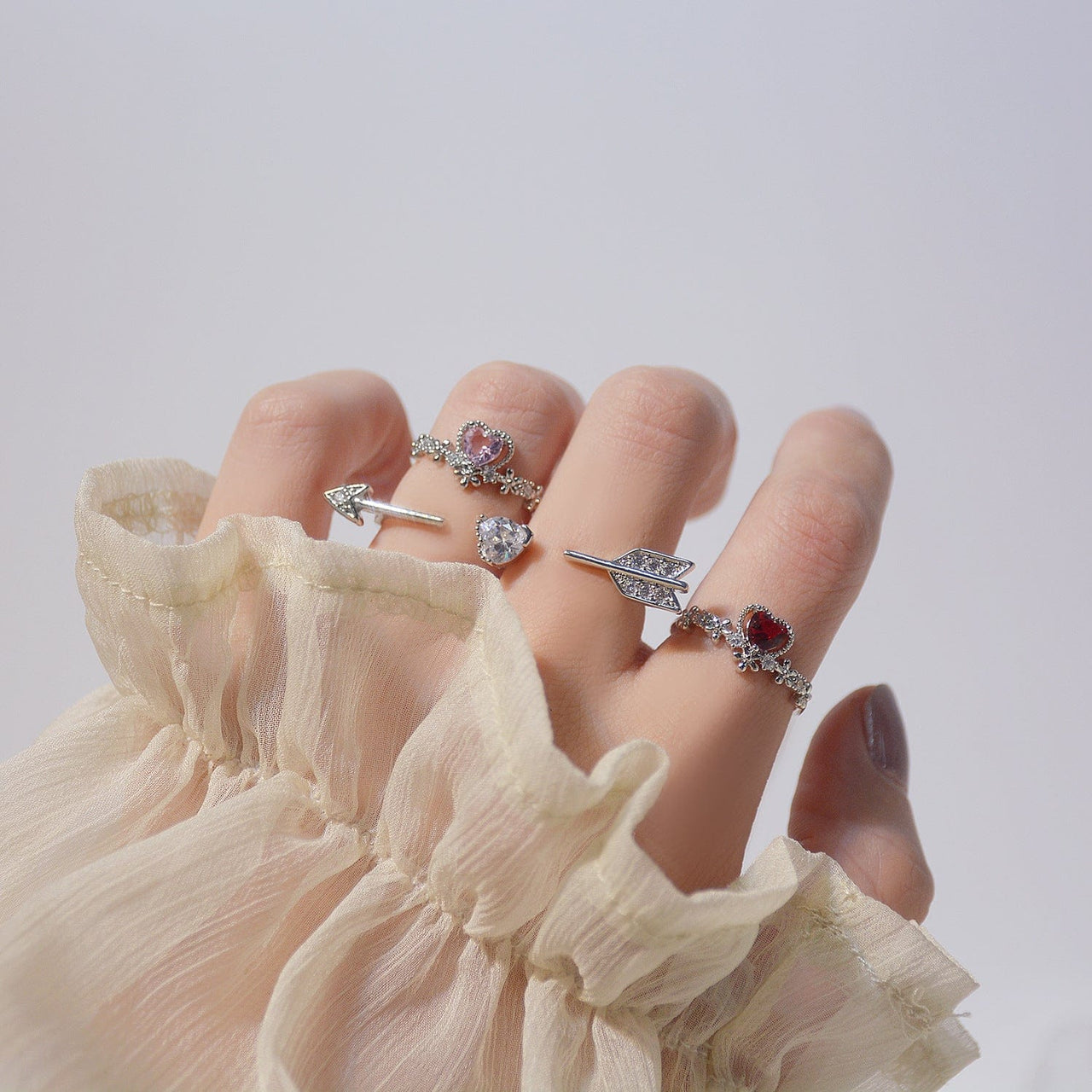 Chic CZ Inlaid Crystal Heart Arrow Of Love Double Ring Floral Ring Set - ArtGalleryZen