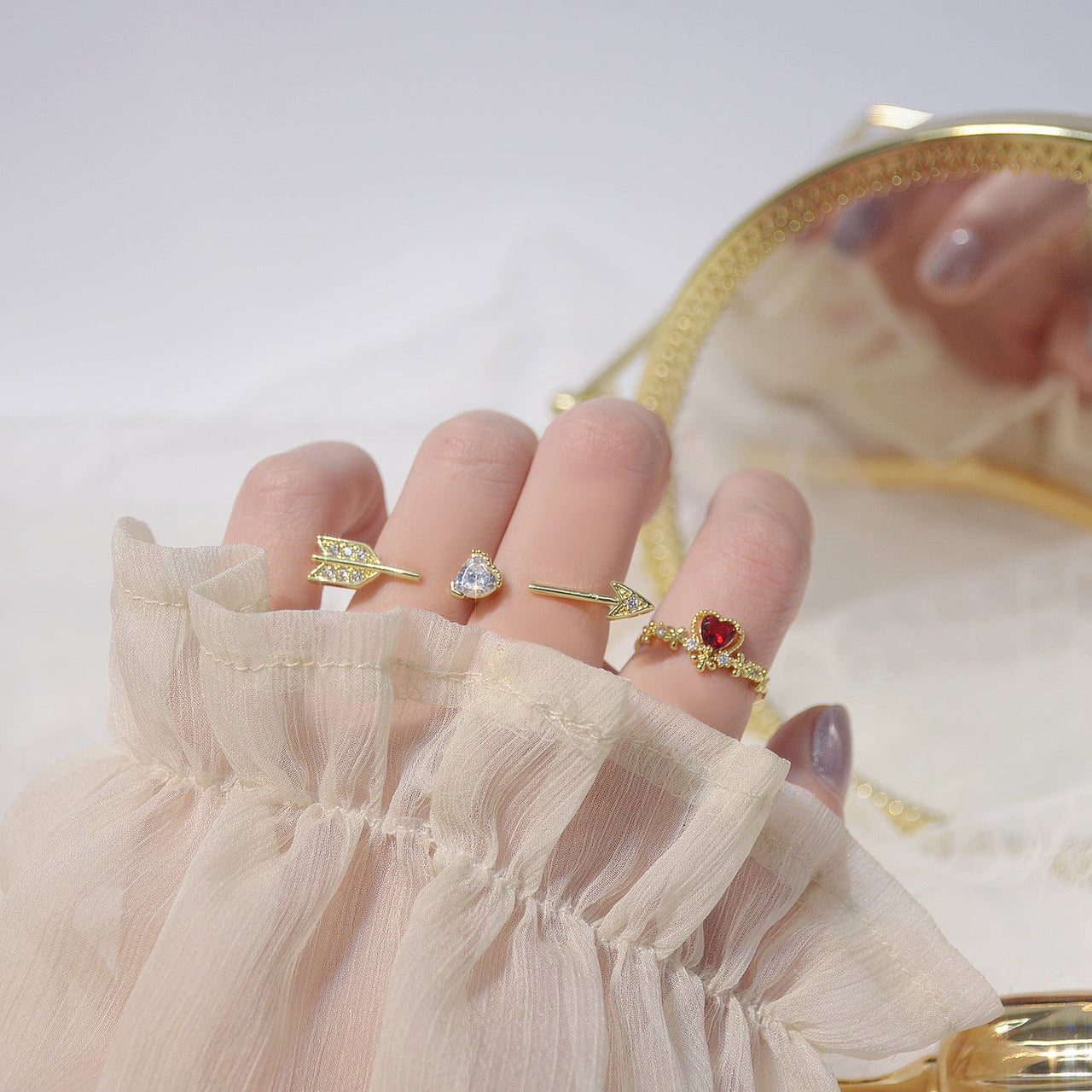Chic CZ Inlaid Crystal Heart Arrow Of Love Double Ring Floral Ring Set - ArtGalleryZen