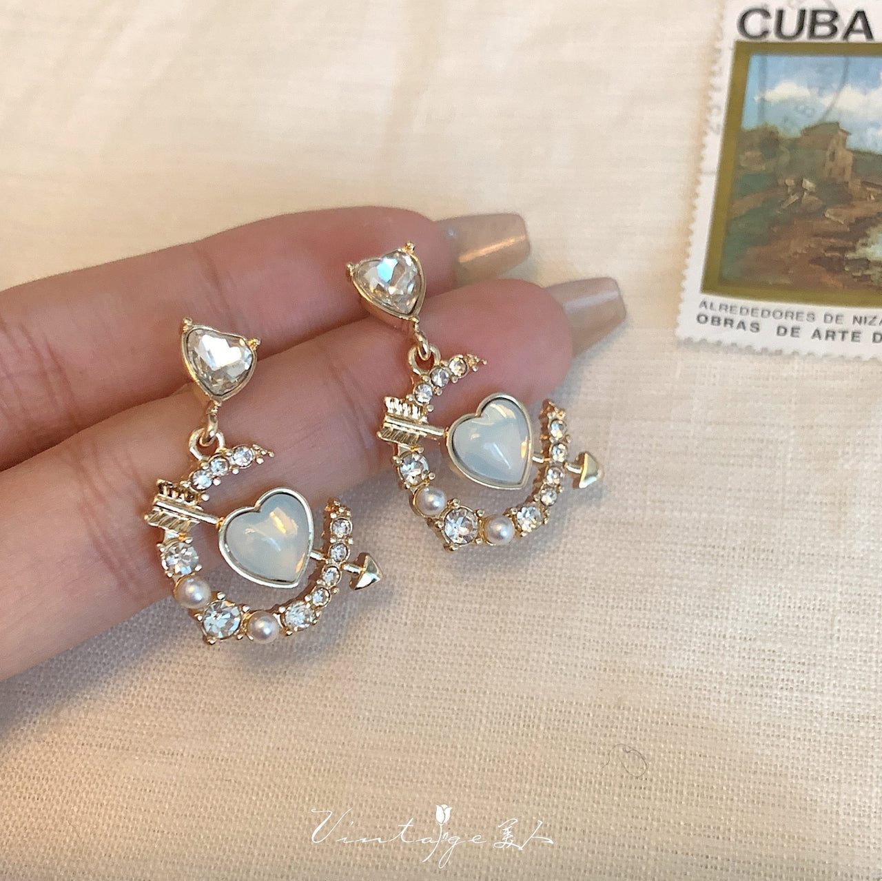 Chic CZ Inlaid Cupid Arrow Heart Dangle Earrings - ArtGalleryZen