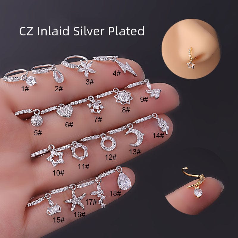Chic CZ Inlaid Dangle Nose Piercing Hoop Nose Ring - ArtGalleryZen