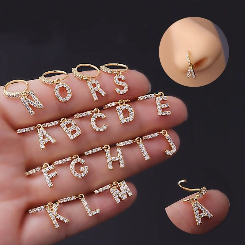 Chic CZ Inlaid Dangling Initial Letter Nose Piercing Nose Hoop - ArtGalleryZen