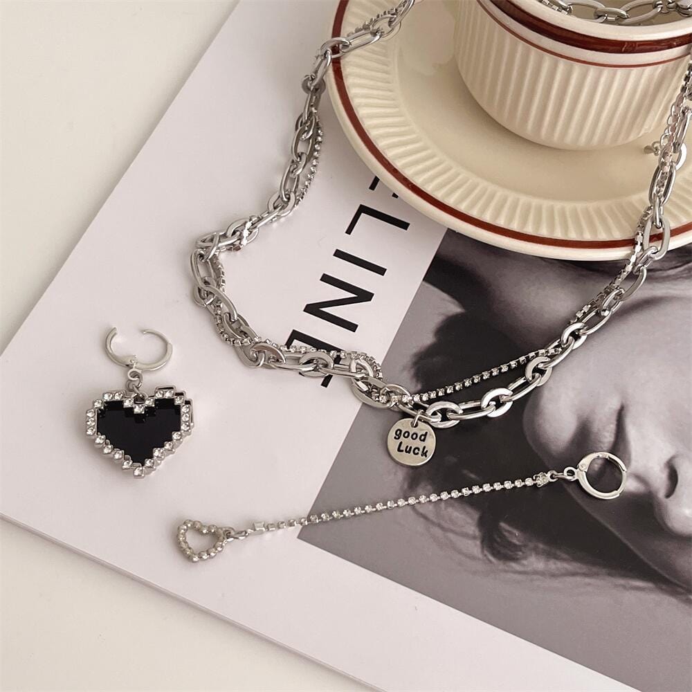 Chic CZ Inlaid Detachable Heart Earrings Necklace - ArtGalleryZen