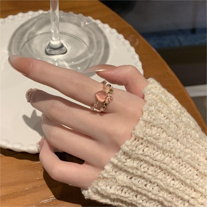 Chic CZ Inlaid Enamel Floral Opal Heart Ring - ArtGalleryZen